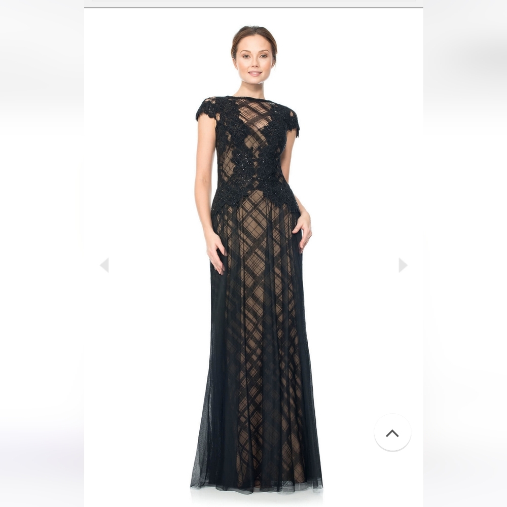 Tadashi Shoji Embroidered Tulle and Sequin Lace Gown 4 Black Sheer Lattice Tulle